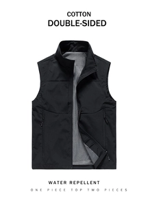 Detail of waterproof cotton vest with mesh lining, double-sided wear and zipper pockets