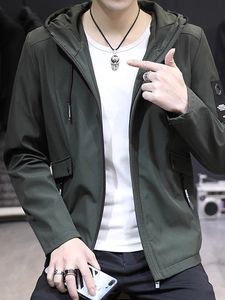 Men's slim fit hooded windbreaker jacket in deep green with full zipper and utility pockets