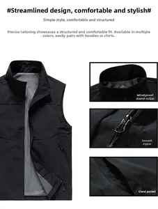 Detail view of windproof stand collar, smooth zipper and breathable mesh lining of vest