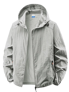 Men's light grey hooded sun protection jacket in thin breathable technical fabric