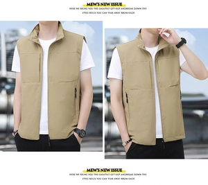 Detail view of khaki casual utility vest featuring stand collar and zipper pockets