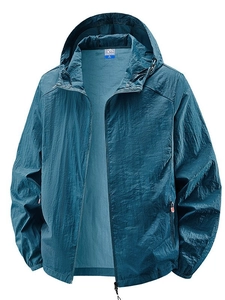 Men's thin hooded sun protection jacket in dark teal with windproof fabric and full zipper