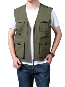 Army green multi-pocket tactical fishing vest with V-neck and durable metal zipper
