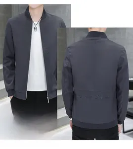 Front and back view of casual dark gray bomber jacket with stand collar and embroidery