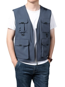 Men's multi-pocket fishing vest in grey-blue with tactical D-rings for outdoor activities
