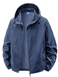 Men's ultra-thin navy hooded sun protection jacket with breathable outdoor fabric
