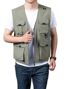 Men's olive green multi-pocket fishing vest with tactical utility design and V-neck zip