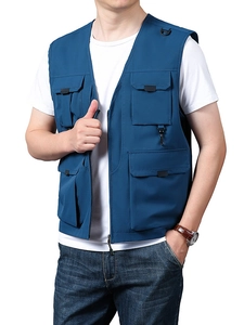 Men's dark blue multi-pocket fishing vest, functional tactical outdoor photography gilet