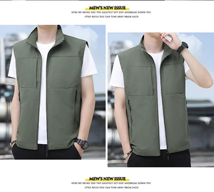 Detail showing the stand collar and vertical zipper pockets of the olive green outdoor vest