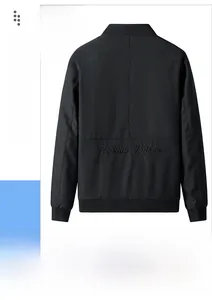 Detail view of the back of a black men's jacket with Fashion Leisure embroidery