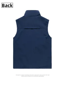 Rear view of a navy blue quick-dry outdoor vest featuring a stand collar and smooth fabric