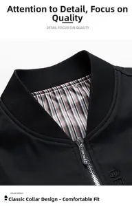Detailed view of classic ribbed collar and metallic zipper on a black bomber jacket