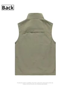 Back view of a men's olive green outdoor utility vest featuring a functional stand-up collar
