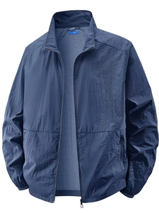 Men's dark blue lightweight sun protection ice silk jacket with stand collar and zipper