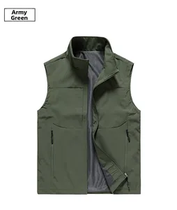 Detail view of army green outdoor vest with mesh lining and zipper pockets