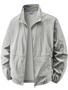 Men's light grey ice silk sun protection jacket with stand collar and zipper pockets