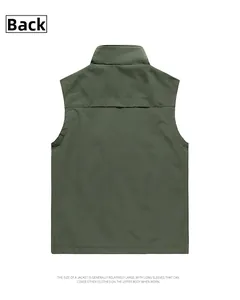 Rear view of an army green outdoor vest showing stand collar and high-quality stitching