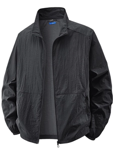 Men's lightweight black sun protection ice silk jacket with stand collar and zipper pocket