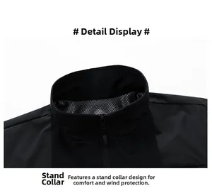 Detail of the stand collar and zipper on black outdoor vest with breathable mesh lining