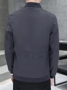 Dark grey men's casual jacket with Fashion Leisure embroidery on back and ribbed trim