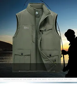 Detail of army green thermal outdoor vest with multiple utility pockets and standing collar
