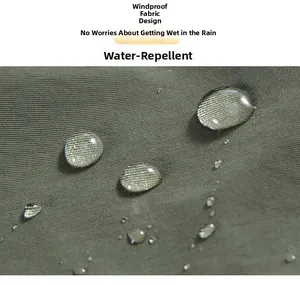 Macro shot of olive green windproof fabric with water-repellent droplets for outdoor vests