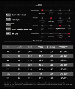 Detailed size chart and material specs for multi-pocket outdoor sports fishing vest