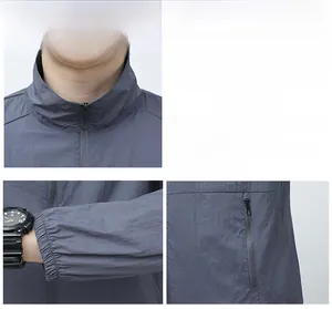 Detailaufnahmen der hellblauen Sonnenschutzjacke mit Kragen, Ärmeln und Reißverschlusstaschen