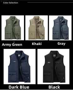 Collection of men's multi-pocket outdoor vests in army green, khaki, grey, navy, and black