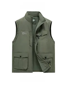 Detail of army green thermal fleece lining and multi-pocket functional vest construction