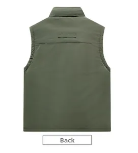 Rear view of waterproof army green tactical vest featuring a windproof stand collar