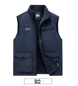 Detail of navy outdoor vest showing fleece lining, multi-pockets and front zipper closure