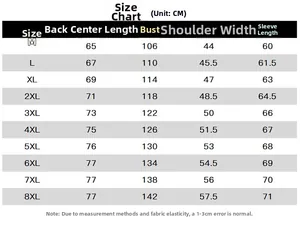 Detaillierte Größentabelle für Herren Sonnenschutzjacke mit Maßen von M bis 8XL