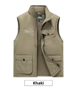 Detail of khaki outdoor vest showing stand collar, warm fleece lining and pocket zippers
