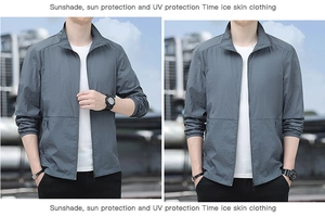 Detail der grauen Sonnenschutzjacke für Herren aus atmungsaktivem, leichtem Eisenseide
