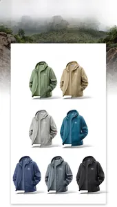 Multi-color grid of men's lightweight UV protection jackets with hoods and zippers