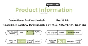 Size chart and color options for breathable UV protection hooded sun coat M-5XL