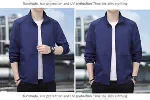 Detailansicht der leichten marineblauen Herren-Sonnenschutzjacke aus Eisseidenstoff
