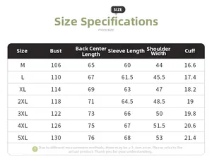 Detailed size chart for men's sun protection jacket with measurements from M to 5XL