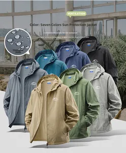 Water-repellent detail of outdoor lightweight sun protection jackets in seven colors