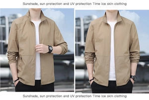 Detailansicht der khakifarbenen Sonnenschutzjacke mit Stehkragen und elastischen Bündchen
