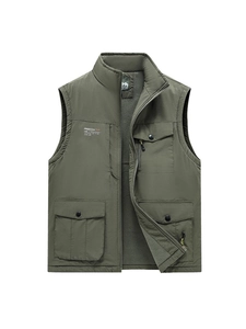 Men Outdoor Fleece Lined Warm Vest Multi Pocket Stand Collar Windproof Water Resistant Functional Tactical Workwear Waistcoat