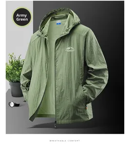 Detailed view of army green sun protection jacket with hood and functional zip pockets