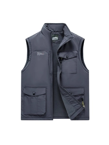 Men's dark grey outdoor thermal vest with multiple utility pockets and fleece lining