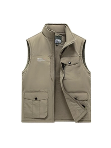 Men's khaki outdoor warm fleece vest with multi-pockets and windproof standing collar