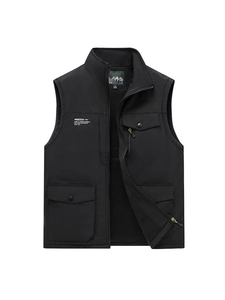 Men's black fleece-lined thermal vest with outdoor windproof fabric and multi-pockets