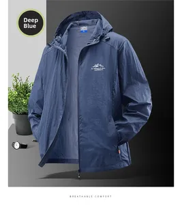 Detail of deep blue lightweight outdoor jacket with mountain logo and hooded zipper design