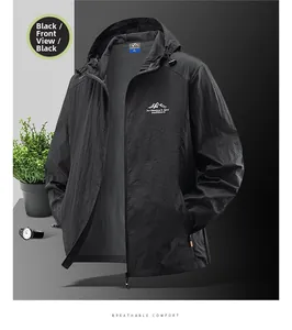 Detail of black hooded sun protection jacket with outdoor logo and breathable fabric