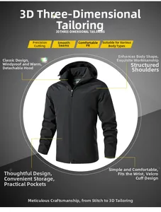 Detail view of windproof jacket with removable hood, 3D cut and velcro adjustable cuffs