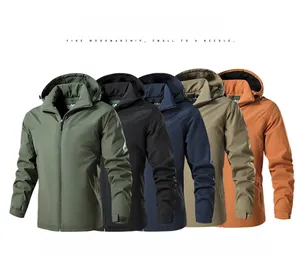 Detailed view of outdoor winter jackets with windproof hoods and adjustable velcro cuffs